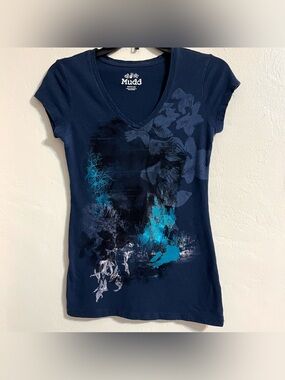 Mudd Navy V-Neck Graphic Tee with Floral Metallic Teal Accents Size Medium